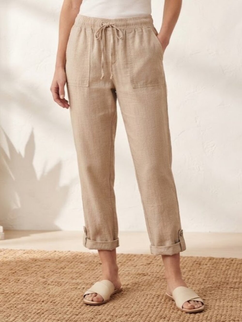 Beige Linen Blend Buttoned Ankle Cuffed Pants